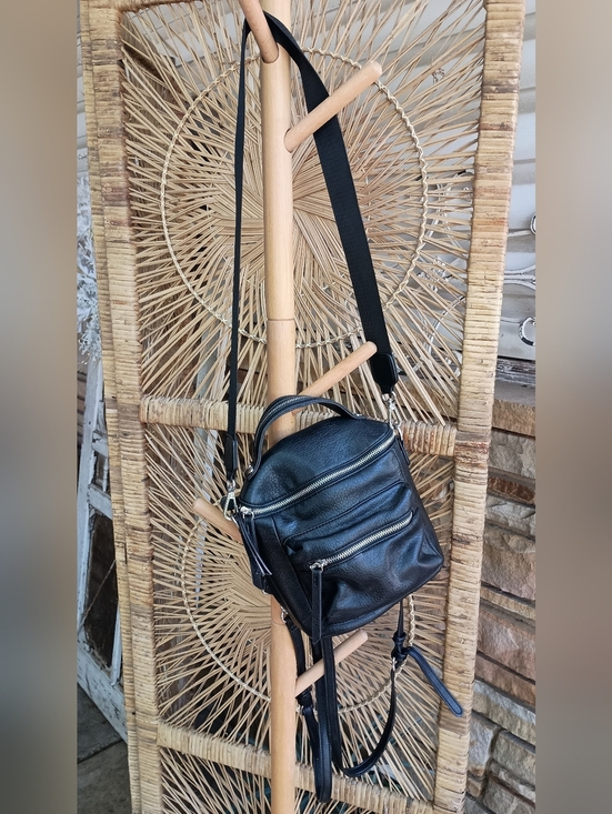 Urban Expressions Black Leather Mini Backpack Crossbody with Silver Zippers main image 5